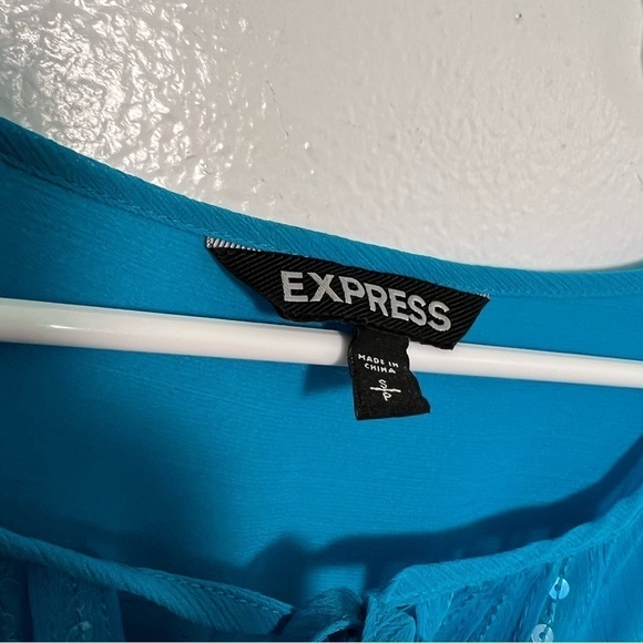 Express Sheer Blouse Peacock Blue Sequins - Picture 13 of 14